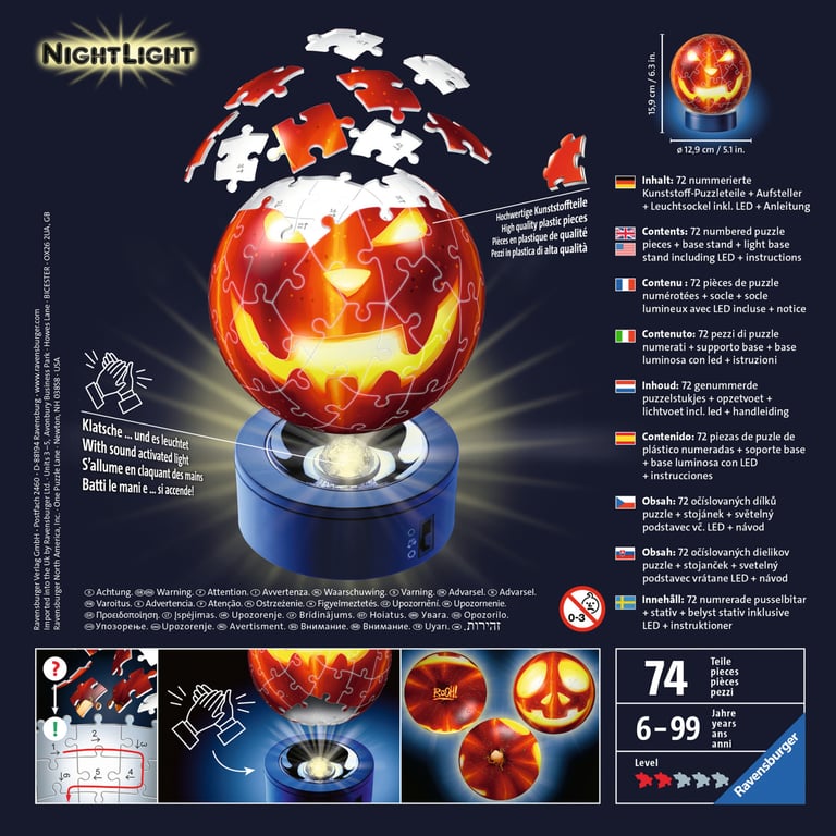 Puzzle Ball 3D 72 pièces illuminé : Citrouille d'Halloween Ravensburger France - vue 5