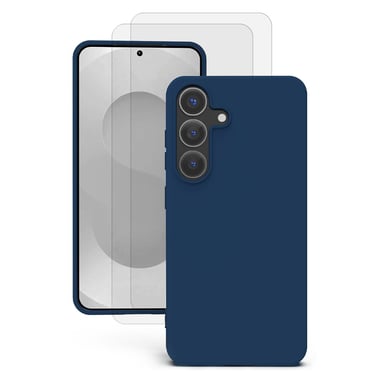 EVETANE Coque Samsung Galaxy S25 + Silicone Liquide Bleue + 2 Vitres en Verre Trempé Protection écran