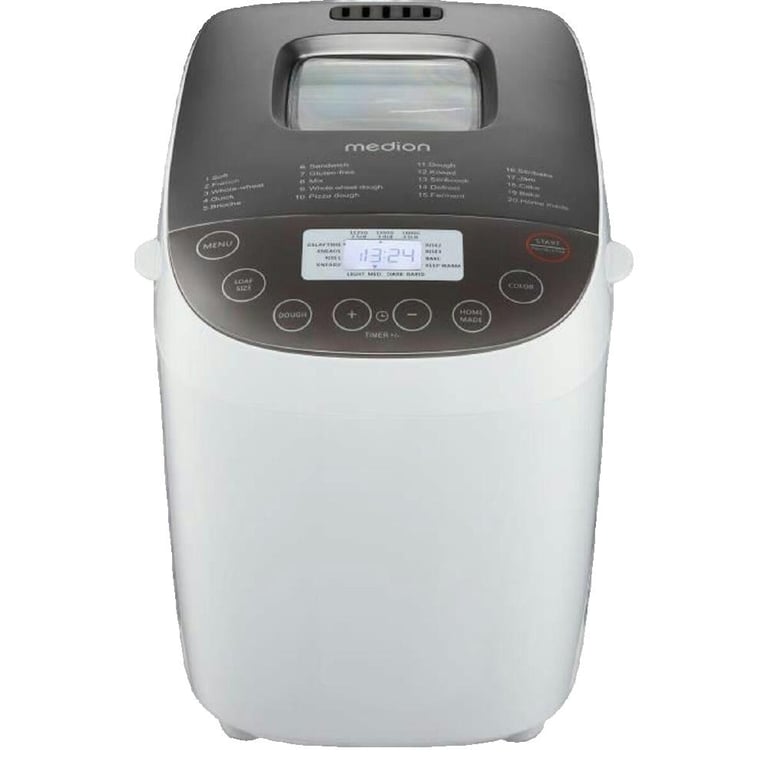 MEDION Machine à pain machine à pain 950 watts jusqu'à 1600 g 20 programmes de cuisson 3 degrés de brunissage fonction maintien au chaud fenêtre présélection du temps MD 12040