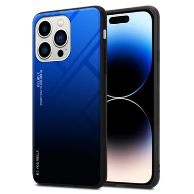 Coque pour Apple iPhone 14 PRO MAX en BLEU - NOIR Housse de protection Étui bicolore en silicone TPU et dos en verre trempé