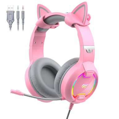 GAMENOTE H2233d Auriculares para juegos de chica rosa con orejas de gato e iluminación RGB para PC y consola - Altavoz de 50 mm