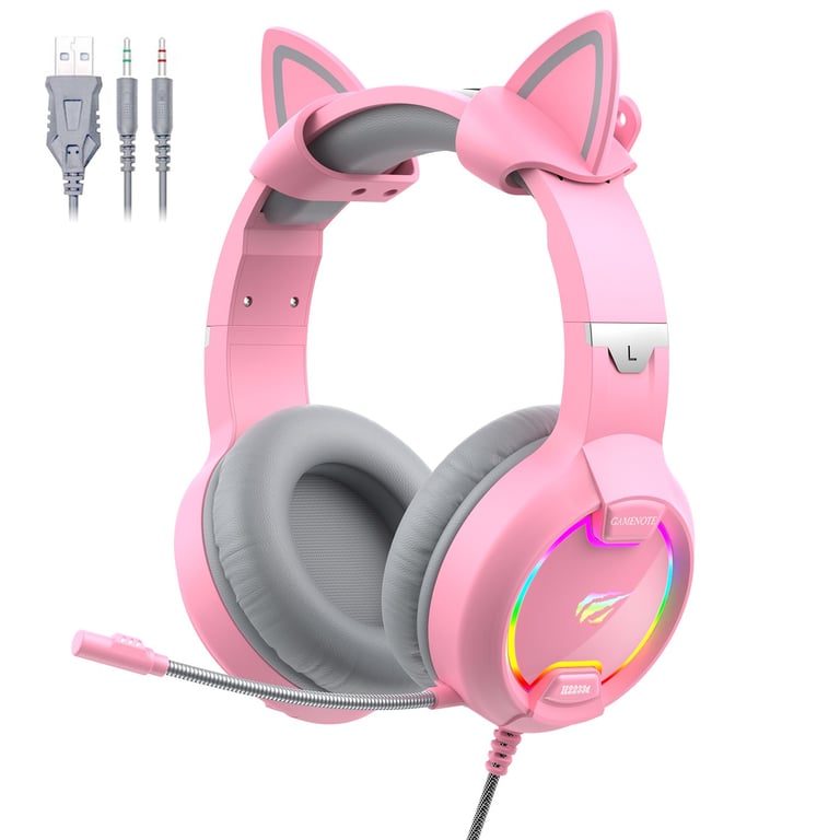 GAMENOTE H2233d Casque gaming fille rose avec oreilles de chat éclairage  RGB pour PC & console - Haut-parleur 50mm