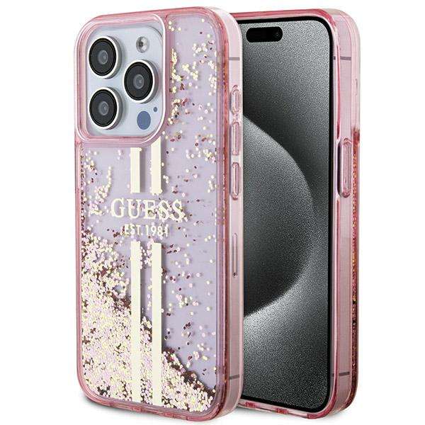 Étui Guess pour iPhone 15 Pro 6.1  rose étui rigide Liquid Glitter Gold Stripes - Neuf