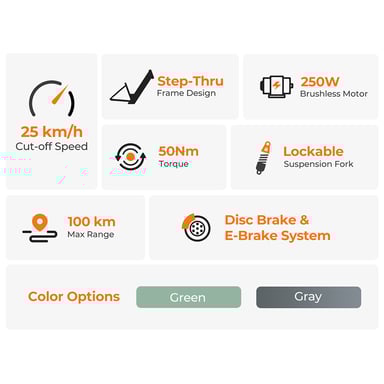 Vélo de Ville Électrique Foride Roamer 1 ST, Moteur 250W, Batterie 36V 13Ah, Pneus 27.5'' X 2.1'', 25 km/h, Autonomie 100 km - Vert