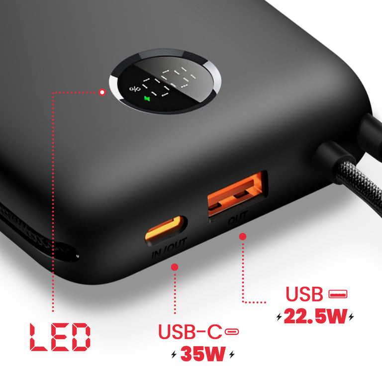 Batterie Externe 20000mAh Câbles USB C et Lightning intégrés Écran LED Neuf - vue 3
