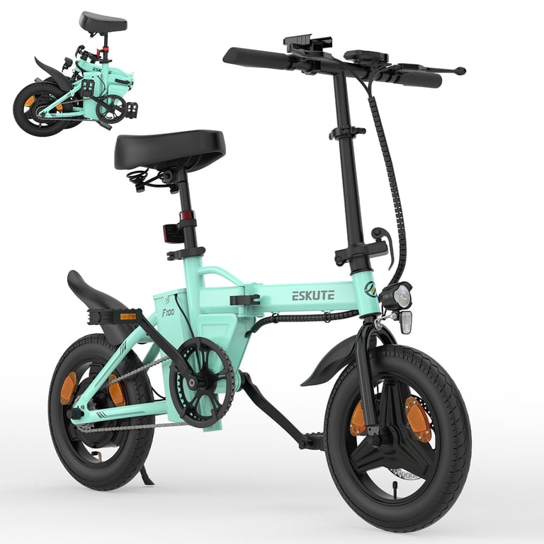 Vélo électrique ESKUTE F100 14 pouces, moteur 250 W, batterie 36 V 9 Ah, freins à disque mécaniques - Bleu - Neuf