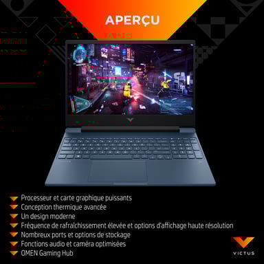 HP Victus Gaming 15-fa0085nf Ordinateur portable 39,6 cm (15.6'') Full HD Intel® Core i5 i5-12450H 16 Go DDR4-SDRAM 512 Go SSD NVIDIA GeForce RTX 3050 Wi-Fi 6 (802.11ax) Windows 11 Home Noir