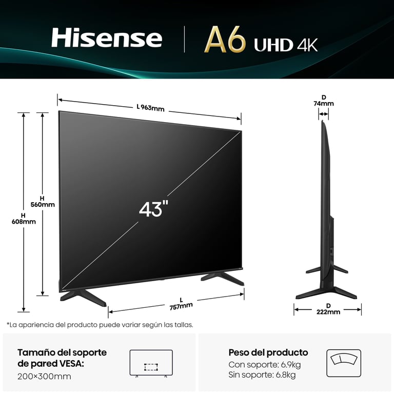 Hisense LED 43" 43A6Q UltraHD 4K Dolby Audio VIDAA - vue 4