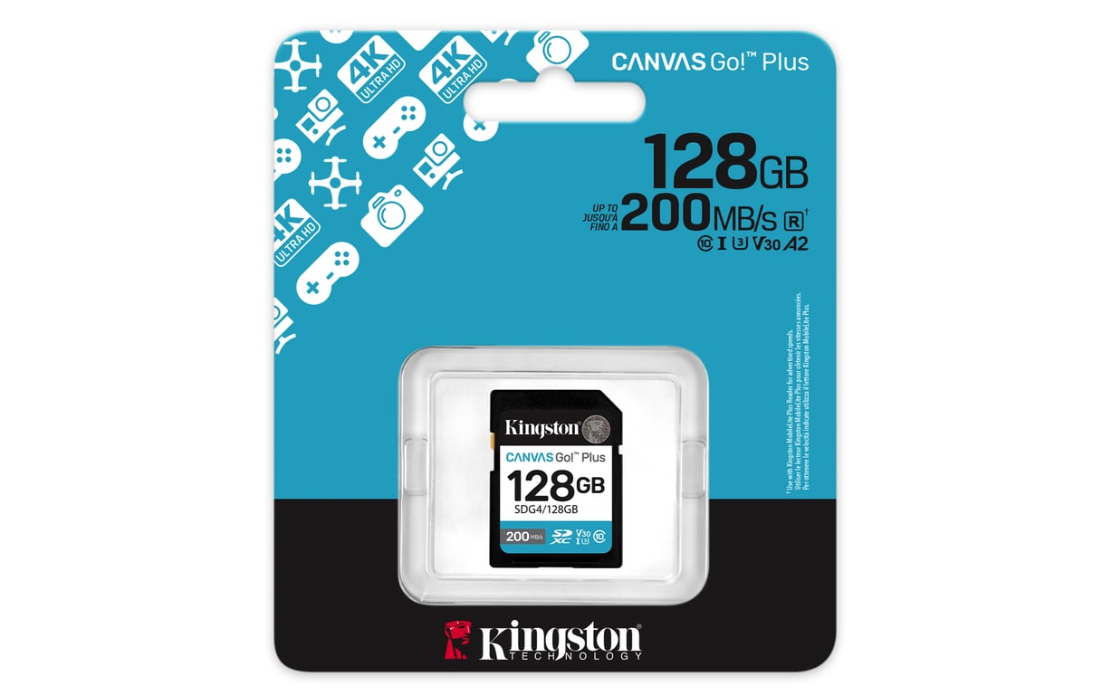 Kingston Technology Canvas Go! Plus 128 Go SDXC Canvas Go Plus Gen4 200 Mo/s C10 UHS-I U3 V30 - Neuf