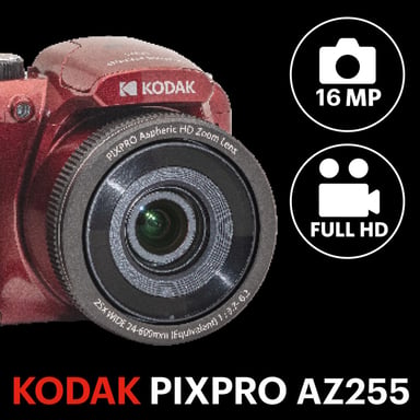 KODAK Pixpro Astro Zoom AZ255 + scheda di memoria SD da 32 GB - Fotocamera digitale bridge da 16 MP, zoom 25X, video HD 1080p, grandangolo 24 mm, LCD 3'', batteria AA - Rosso