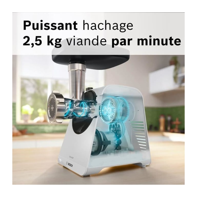 Hachoir a viande - BOSCH - MFWS420W Série 4 - Blanc - 500 W - moteur bloqué 1900 W - 2,5 kg/mn - 2 vitesses - 2 grilles de hac - Neuf