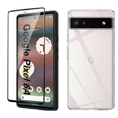 Pack coque transparente en TPU et vitre protection écran en verre trempé FULL cover noir pour Google Pixel 6A 5G   - XEPTIO