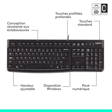 Logitech K120 Corded Keyboard teclado USB ratón incluido AZERTY Francés Negro