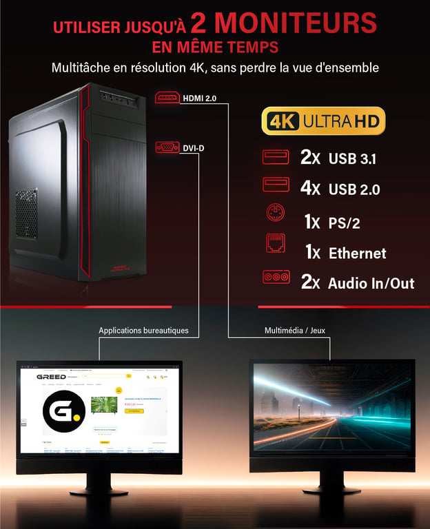 Greed Ultra V2 Office PC / Ordinateur de bureau AMD Ryzen 7 Home Office Tour Computer avec DDR4 RAM 4 6 GHz SSD + HDD DVD+RW USB 3.1 WiFi Windows 11 Pro Neuf - vue 3