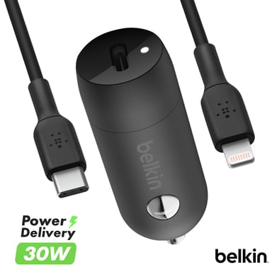Belkin Cargador de coche USB-C de 30 W + cable BoostCharge Lightning de 1 m. Negro