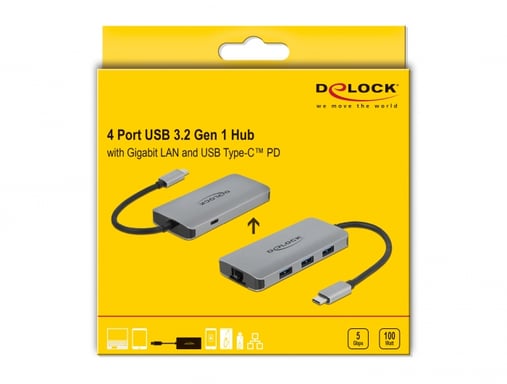 DeLOCK Hub USB 3.2 Gen 1 avec 4 ports et Gigabit LAN et PD