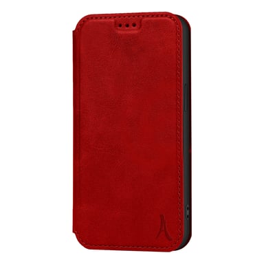 Akashi Estuche para iPhone 12 Mini Cuero Real con Soporte y Tarjetero Rojo