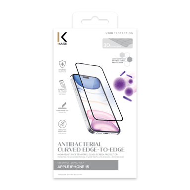 Protection d'écran antibactérienne en verre trempé ultra-résistant à bords incurvés pour Apple iPhone 15, Noir