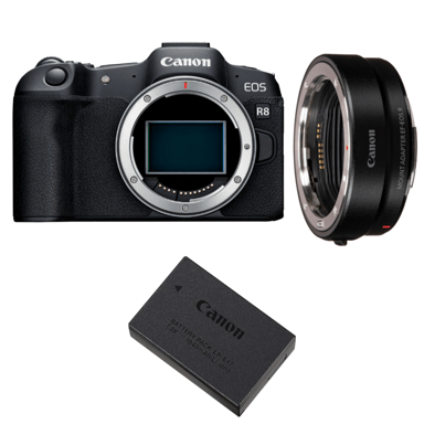 Appareil photo hybride Canon EOS R8 + EF-EOS R + 1 Canon LP-E17 + Ebook  20 astuces pour des images qui claquent  - Neuf