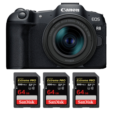 Appareil photo hybride Canon EOS R8 + RF 24-50mm IS STM + 3 SanDisk 64GB Extreme PRO UHS-II + Ebook ''20 astuces pour des images qui claquent''