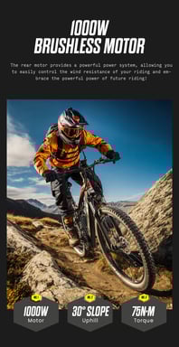 RANDRIDE YG90B Vélo Électrique, Moteur 1000W, Vitesse Max 45km/h, Batterie 48V 17Ah, Autonomie Max 80-90km, Pneus 27.5*2.4'' CST, Charge 120kg