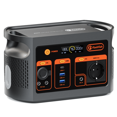 Stazione di alimentazione portatile Flashfish E103, potenza 300W, capacità 179,2Wh, batteria al litio ferro fosfato.
