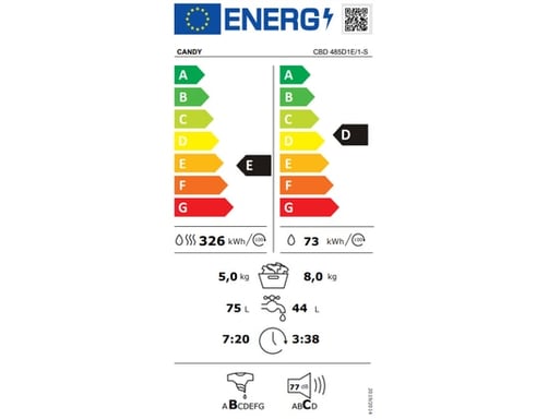 Lave linge sechant encastrable CBD 485 D1, Lavage 8kgs, séchage 5 kgs, 1400 tr/mn