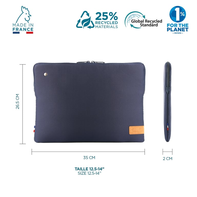 Housse Éco-conçue pour Ordinateur Portable 12.5-14", Pochette compatible  MacBook Pro 13'' & MacBook Pro 14'', Sac Fabriqué en France avec Matériaux  Recyclés Certifiés GRS, Bleu Nuit - Mobilis