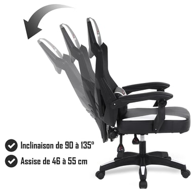 Amstrad AMS-309-WH Fauteuil / Chaise / Siège de bureau ou Gamer noir & blanc - Coussin lombaire - Tissu en maille respirante