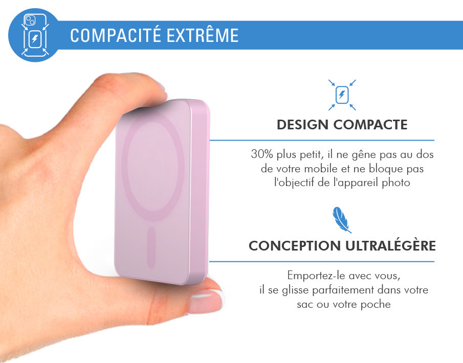 Powerbank sans fil MagSafe 5000mAh 1 port USB C 15W Qi Métal Rose + Garantie à vie Force Power - Neuf