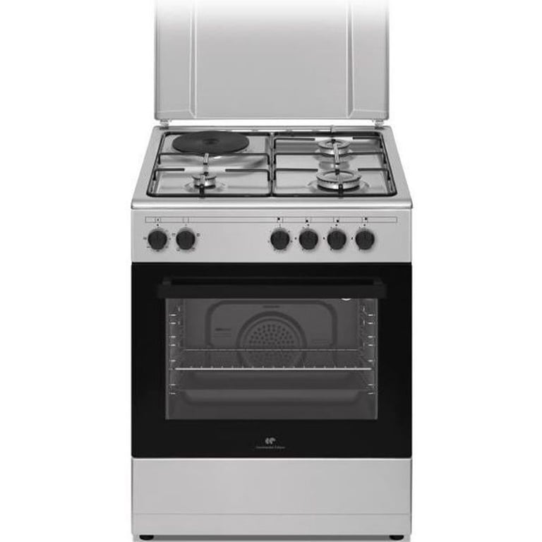 Cuisinière gaz/électrique Continental Edison CECM60FCS 59,8 cm Argent, 3 brûleurs gaz + 1 plaque électrique, four 66 L, chaleur tournante, grille 2000 W - Neuf