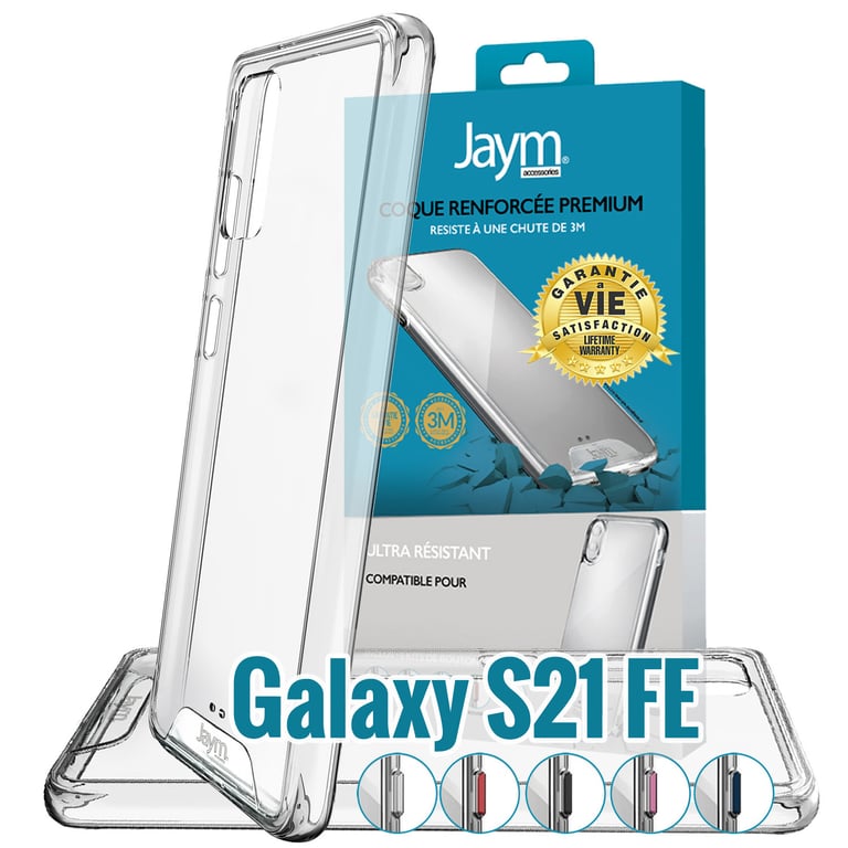JAYM - Carcasa ultra rígida de alta calidad para Samsung Galaxy S21 FE -  Certificado contra caídas desde 3 metros - Garantía de por vida -  Transparente - 5 juegos de botones de colores incluidos - Jaym