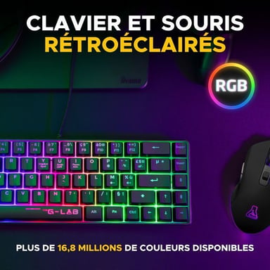 Combo gaming 2-en-1 THE G-LAB Hydrogen Clavier AZERTY filaire semi-mécanique + Souris 7200 DPI RGB Noir