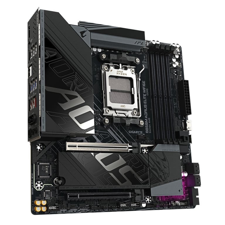 GIGABYTE B850M AORUS ELITE WIFI6E Carte mère Processeurs AMD Ryzen série 9000 VRM numérique 12+2+2 phases jusqu'à 8200 MHz DDR5 O.C. 1x .2 PCIe 5.0 + 1x .2 PCIe 4.0 Wi Fi 6E LAN 2.5 GbE USB 3.2 Gen 2 Neuf - vue 2