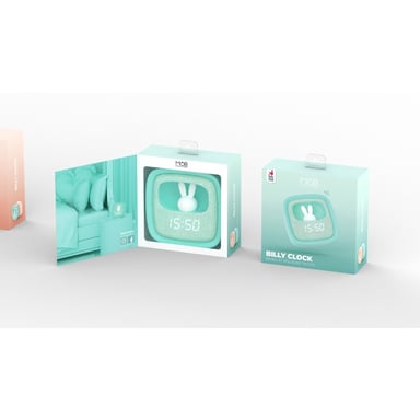 MOB - MOBILITY ON BOARD Billy Clock Sveglia e luce notturna per bambini - Motivo coniglio - Parte anteriore in tessuto - Struttura in plastica morbida al tatto - Data, ora e 3 allarmi programmabili (turchese)