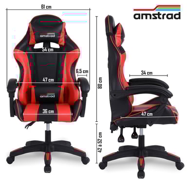 Amstrad AMS-800-RED Fauteuil / Chaise de bureau Gamer coloris noir & rouge - coussin lombaire
