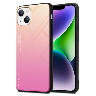 Coque pour Apple iPhone 14 en JAUNE - ROSE Housse de protection Étui bicolore en silicone TPU et dos en verre trempé