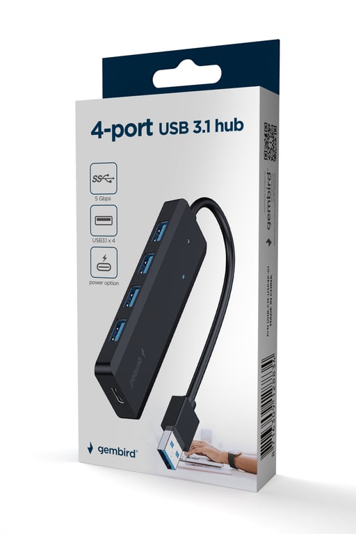 Gembird UHB-U3P4P-02 hub & concentrateur USB 3.2 Gen 1 (3.1 Gen 1) Type-A 5000 Mbit/s Noir - Neuf