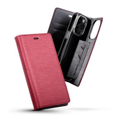 Diarycase 2.0 Funda tipo concha de piel auténtica con soporte magnético para Apple iPhone 14 Pro, rojo burdeos