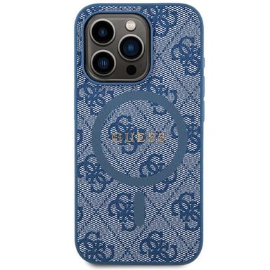 Custodia Guess per iPhone 14 Pro 6.1'' blu Custodia rigida 4G Collection in pelle Logo in metallo MagSafe