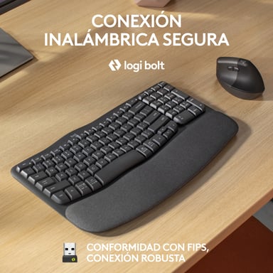 Logitech Wave Keys for Business, teclado ergonómico inalámbrico con reposamanos acolchado, tecnología Logi Bolt segura, Bluetooth, compatible con Wind
