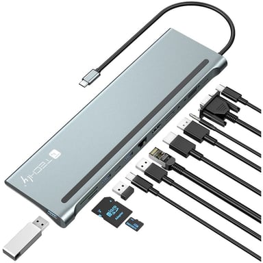 Techly IUSB31C-DOCK12DPHD replicatore di porte e docking station per laptop Cablato USB 3.2 Gen 1 (3.1 Gen 1) Type-C Grigio