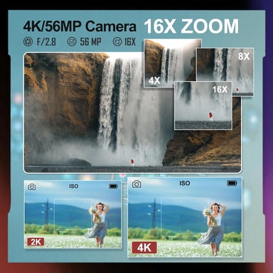 NBD K100 Appareil Photo numérique 4K & 56MP - Caméra Vlogging pour Youtube avec Zoom 16X - Carte SD 32GB - 2 Battries