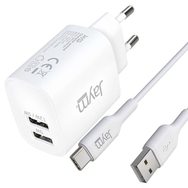 Pack Chargeur Secteur 2 USB-A 2.4A 12W avec Câble USB-A vers USB-C 2m Blanc
