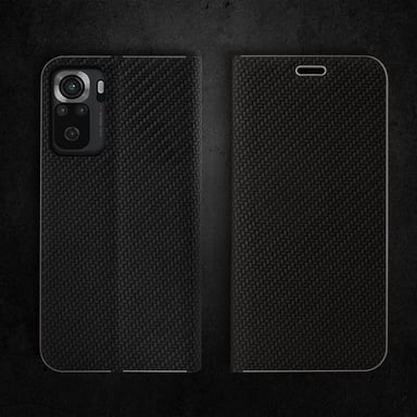Moozy Étui Portefeuille pour Xiaomi Redmi Note 10 / Note 10S, Noir Carbone - Étui à Rabat avec Bordure Métallique Fermeture Magnétique Flip Cover avec Porte-Cartes et Fonction Béquille
