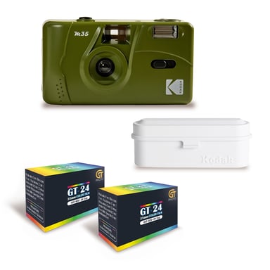 KODAK M35 - Appareil Photo Rechargeable 35mm, Objectif Grand Angle Fixe, Viseur Optique, Flash Intégré - Vert Olive + 2 Pellicules GT24 Couleur compatible 24 Expositions + Films case Blanc