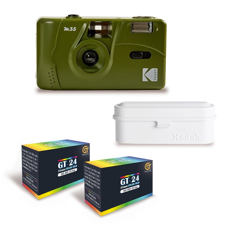 KODAK M35 Appareil Photo Rechargeable 35mm Objectif Grand Angle Fixe Viseur Optique Flash Intégré + 2 Pellicules GT24 Couleur compatible 24 Expositions + Films case Neuf