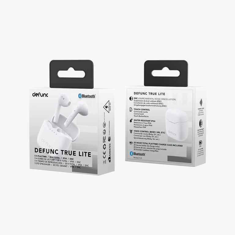 Defunc True Lite Blanc - Écouteur sans Fil Bluetooth 5.3 Hi-FI Son Stéréo, Contrôle Tactile, Microphones Intégrés, 20 Heures Durée de Lecture, USB-C Charge, pour iOS et Android Telephone - Neuf