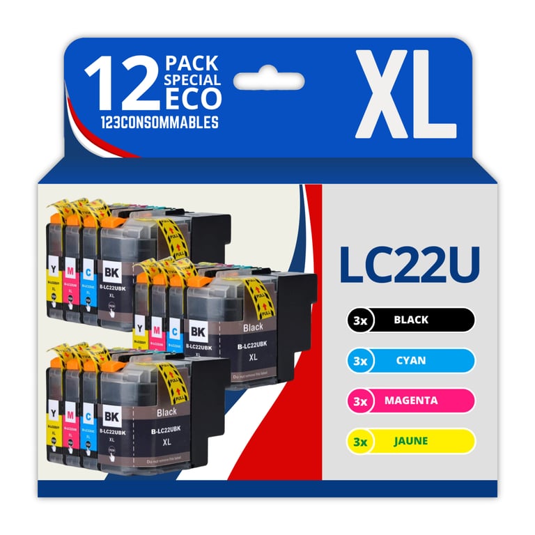 123CONSOMMABLES LC22U Cartouches d'encre Compatible Brother LC22UXL LC22U LC 22U LC 22UBK LC 22UC LC 22UM LC 22UY pour Brother DCP J785DW MFC J985DW 3 / 3 Cyan / 3 / 3 Jaune Neuf