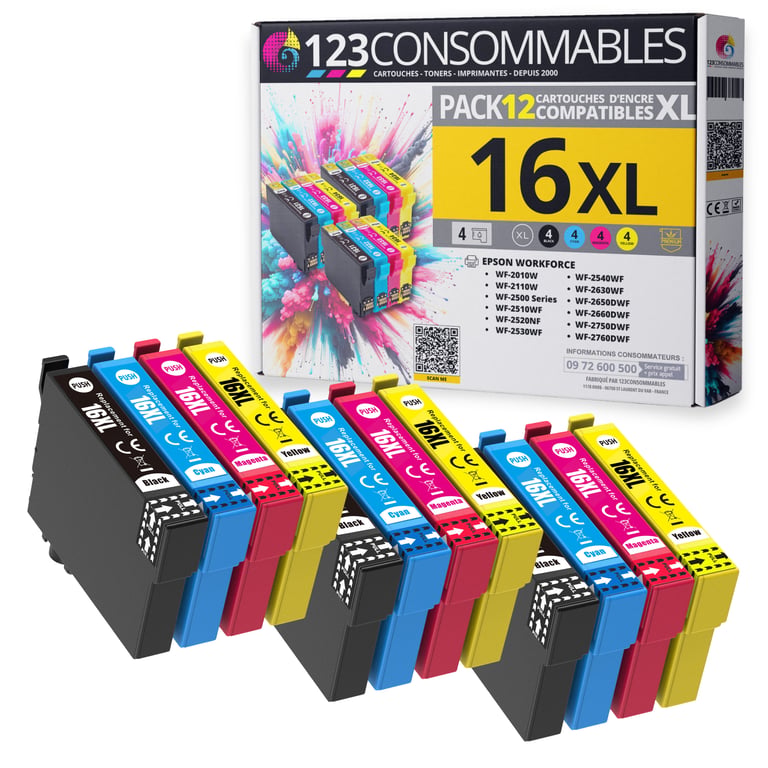 123CONSOMMABLES 16XL Pack de 12 cartouches d'encre compatible avec Epson Workforce WF 2750 WF 2760 WF 2660 WF 2650 WF 2630 WF 2540 WF 2530 WF 2510 WF 2010 Neuf